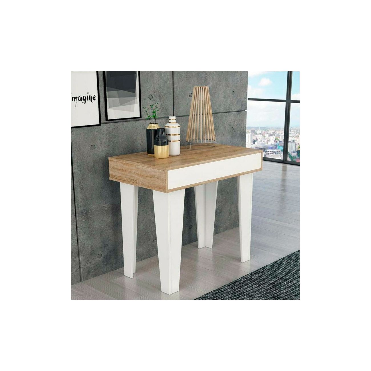 Mesa consola extensible de estilo nordico en madera y blanco comedor
