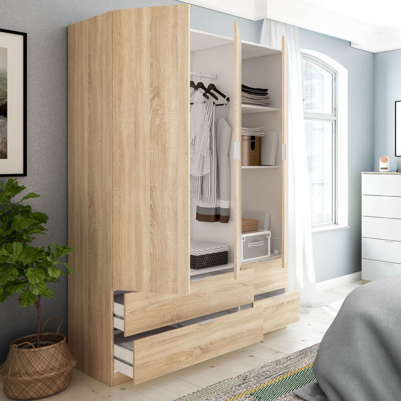 Tucson - Armario moderno para dormitorio, con dos cajones, tres armarios  grandes, color blanco